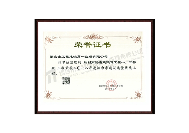 勝利南路南延隧道一、二標(biāo)段-2018年度煙臺市建筑質(zhì)量優(yōu)質(zhì)工程